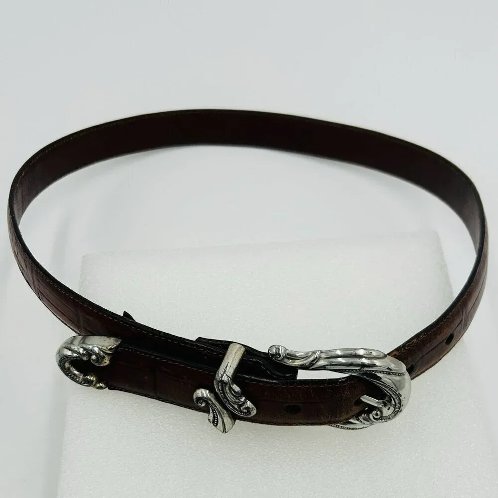 Brighton Allegro Swirl Faux Croc Embossed Brown Leather Belt Silver Buckle Sz M